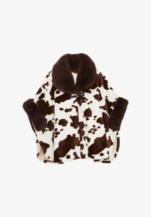 Brown and white cow-print fleece outerwear with a large brown fur collar and cuffs, featuring a button closure and soft texture.