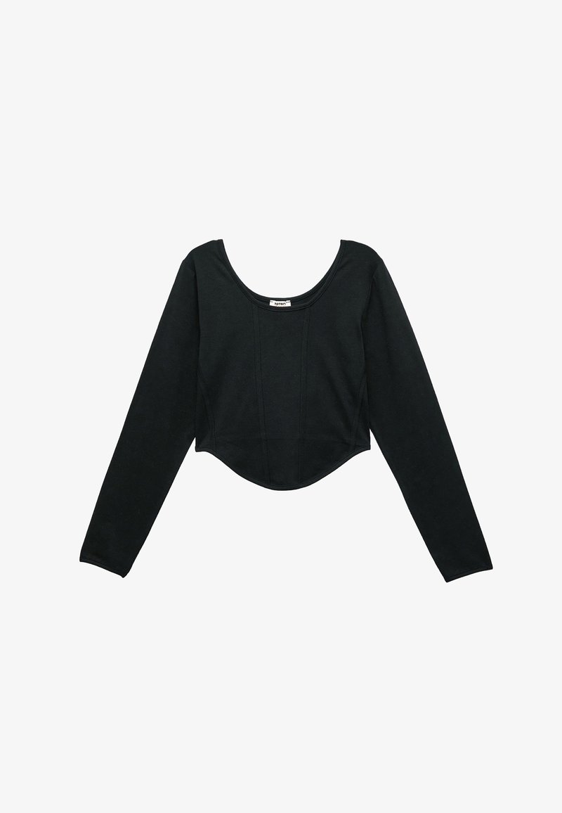 Zwarte langmouw cropped top van zachte stof, met een brede halslijn en naaddetails aan de voorkant. Gladde textuur, strakke pasvorm.