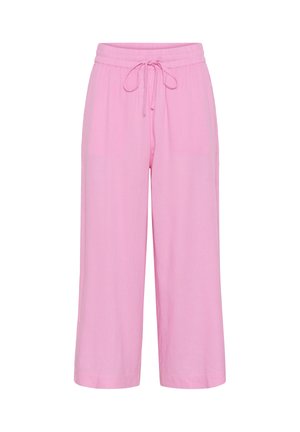 Pantalones anchos de pierna de color rosa claro con cintura elástica y cordón ajustable, mostrados sobre un fondo blanco.