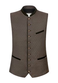 Grau gemusterte Weste mit Mandarin-Kragen, fünf dekorativen Knöpfen und zwei Taschen aus schwarzem Samt. Glatte Stoffoberfläche mit geometrischem Design.