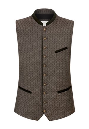 Grau gemusterte Weste mit Mandarin-Kragen, fünf dekorativen Knöpfen und zwei Taschen aus schwarzem Samt. Glatte Stoffoberfläche mit geometrischem Design.