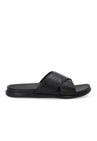 Zwarte slidesandalen met een glad leren bovenwerk, kruislingse bandjes, een vlakke rubberen zool en een minimalistisch ontwerp zonder zichtbare logo's.