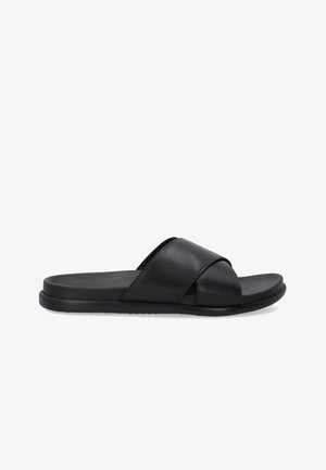 Zwarte slidesandalen met een glad leren bovenwerk, kruislingse bandjes, een vlakke rubberen zool en een minimalistisch ontwerp zonder zichtbare logo's.