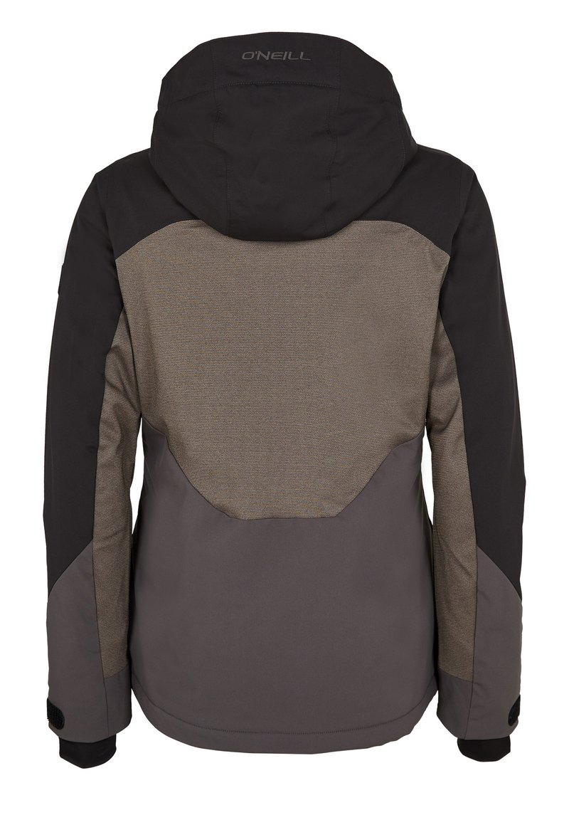 O'Neill-Jacke mit einer schwarzen Kapuze, grauem strukturiertem Körper und kontrastierenden dunkelgrünen Ärmeln; inklusive verstellbaren Bündchen und dezentem Branding.