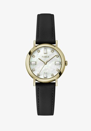 Guldtonet ur med sort læderrem. Rund urskive i perlemor prydet med rektangulære og runde krystaltimemarkører. Mærket "Furla" fremhævet.