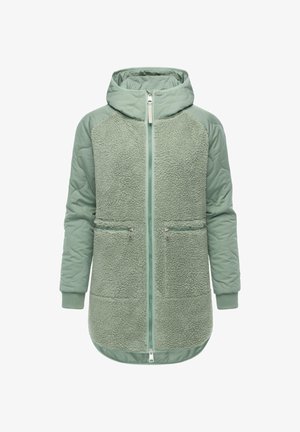 Mintgroene hoodie met een fleece voorkant en gevoerde mouwen, voorzien van een frontale ritssluiting en twee ritszakken.