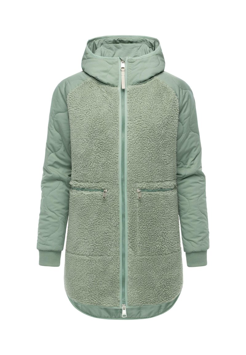 Mintgrön huva jacka med en fleeceframsida och quiltade ärmar, med en framsida med dragkedja och två fickor med dragkedja.
