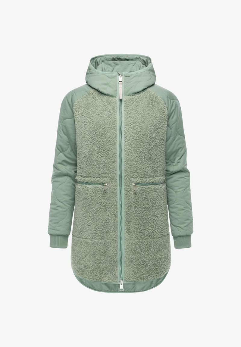 Miętowa kurtka z kapturem, z przodem z polaru i pikowanymi rękawami, z suwakiem z przodu i dwiema kieszeniami na zamek.