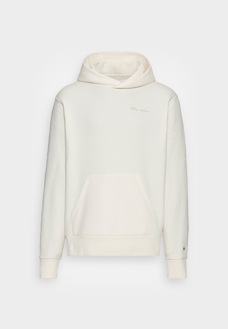 Sudadera con capucha color crema hecha de tela suave. Cuenta con un bolsillo canguro en la parte frontal, puños acanalados y un pequeño logotipo bordado.