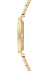 Goldfarbener Uhr mit einem runden Gehäuse, strukturiertem Finish und einem glatten weißen Zifferblatt. Verfügt über ein minimalistisches Design und ein metallisches Gliederarmband.