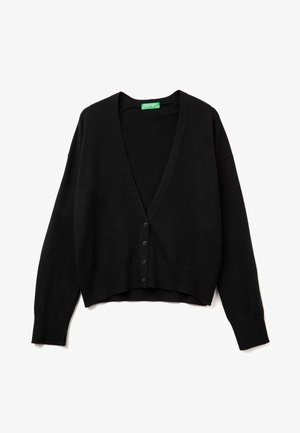 Cardigan nero a maglia con scollatura a V profonda, vestibilità ampia, spalle abbassate e orlo a costine. Presenta cinque bottoni neri sulla parte anteriore.