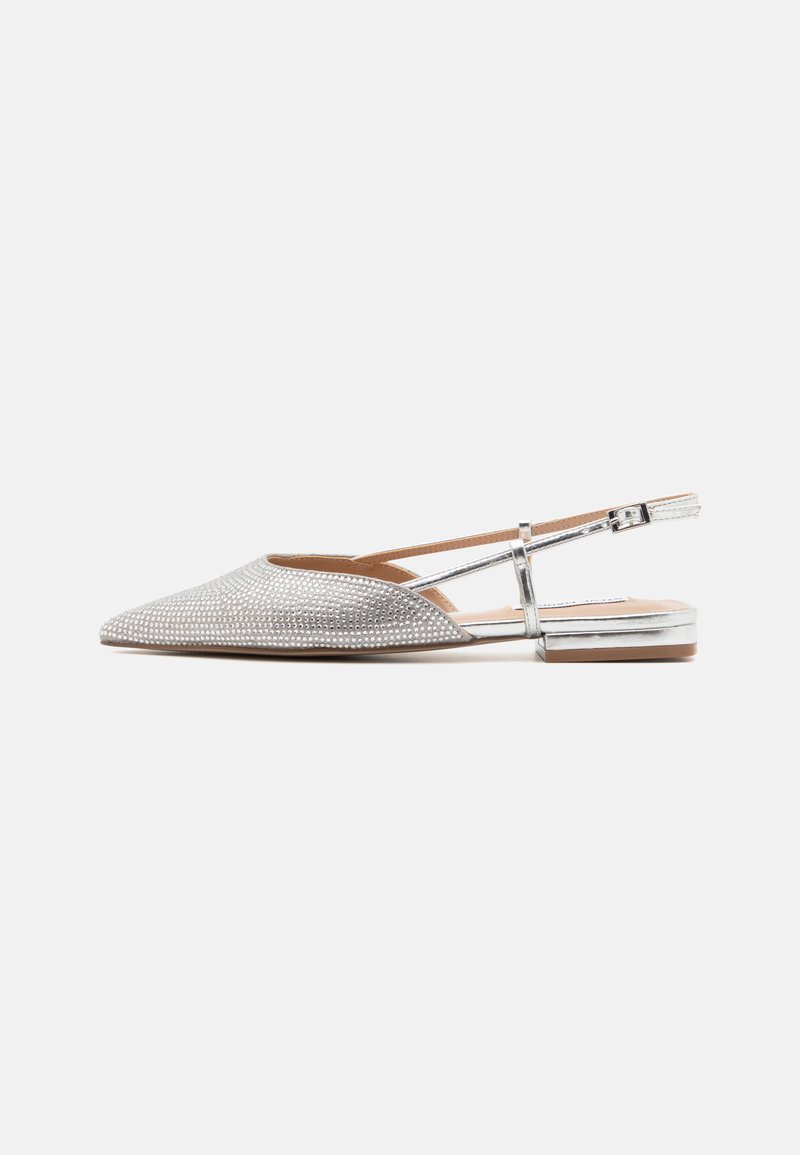 Silver slingback flats made of textured fabric with rhinestone embellishments. Features a pointed toe and a metallic side strap.