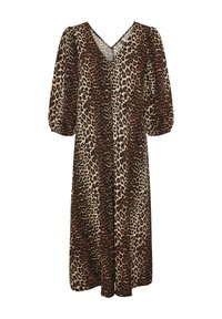 Abito con stampa leopardata, scollatura a V, maniche a palloncino e vestibilità rilassata. Realizzato in tessuto leggero con macchie marrone scuro, beige e nere.