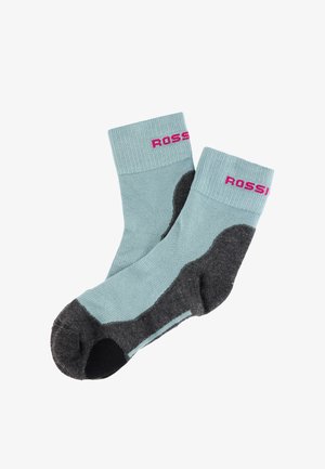 Calcetines tobilleros acolchados en azul claro y gris oscuro con texto "ROSSI" en rosa en los puños, diseñados para ofrecer comodidad y durabilidad.