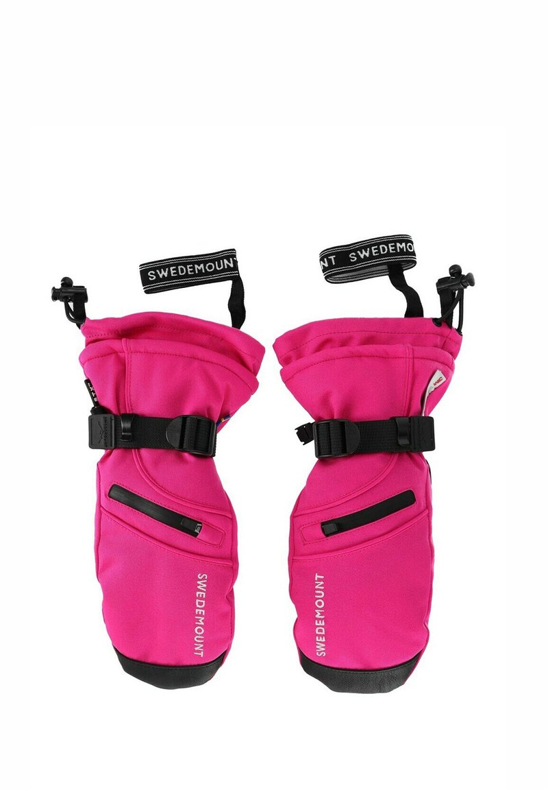 Zwei rosa Skihandschuhe aus weichem Stoff mit schwarzem Trim. Sie verfügen über verstellbare Riemen, Taschen und die „SWEDEMOUNT“-Markierung an den Bündchen.