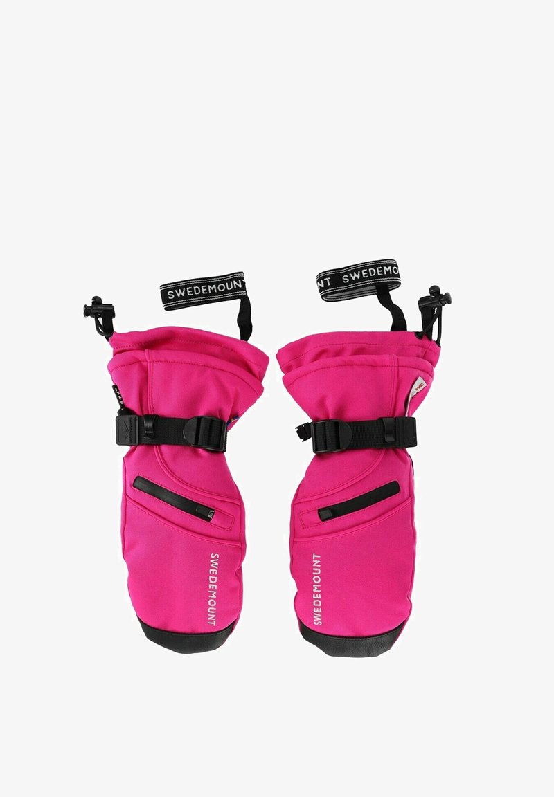 Zwei rosa Skihandschuhe aus weichem Stoff mit schwarzem Trim. Sie verfügen über verstellbare Riemen, Taschen und die „SWEDEMOUNT“-Markierung an den Bündchen.