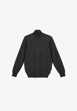 Pull à col roulé en laine gris foncé avec manches longues et bords-côtes aux poignets et à l'ourlet, présenté à plat sur un fond blanc.