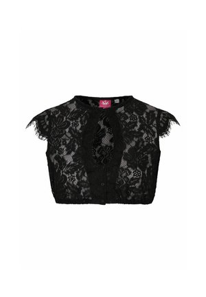 Débardeur en dentelle noire avec des manches courtes, motif floral, fermeture à bouton et encolure arrondie. Tissu texturé avec des bords festonnés.