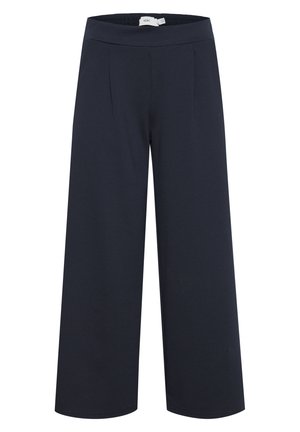 Pantalons large en marine en tissu doux, avec une taille lisse et deux plis avant pour un détail supplémentaire.