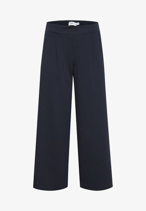 Marinefarbene weite Hosen aus weichem Stoff, ausgestattet mit einem glatten Bund und zwei vorderen Falten für zusätzliche Details.