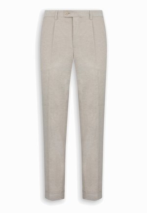 Beige maßgeschneiderte Hose mit Vorderfalten, einem knöpfbaren Bund und gekrempelten Säumen.