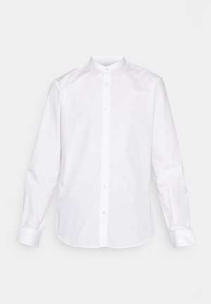 White long-sleeve shirt with a band collar, button-down front, and buttoned cuffs. Made from smooth fabric with a crisp finish.
