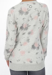 Light grey sweatshirt with a floral pattern in pink and gray, featuring a ribbed neckline and cuffs, and a small logo at the back.