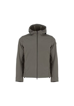 Lekka, oliwkowa kurtka z suwakowym przodem, regulowanym kapturem i gładkim materiałem. Charakteryzuje się minimalnymi szwami i brakiem wyraźnych wzorów.