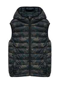 Př padded, bezrukávová vesta s kapucí v tmavě zelen�ém a černém maskáčovém vzoru. Obsahuje přední zip a dvě postranní kapsy.