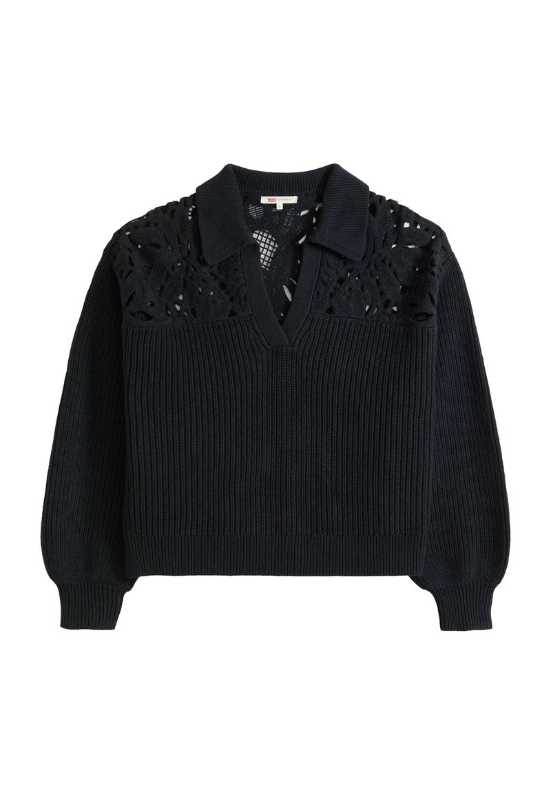 Zwarte gebreide trui met lange mouwen, geribbelde textuur, kraag, V-hals en kanten uitsnijdingen op de bovenborst en schouders.