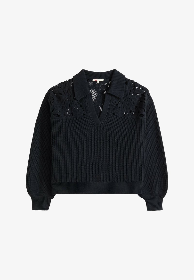 Maglione nero lavorato a maglia con maniche lunghe, texture a coste, colletto, scollo a V e dettagli in pizzo con ritagli sulla parte superiore del petto e sulle spalle.