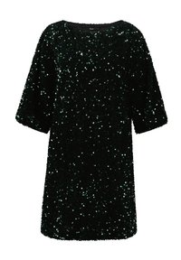 Black sequined dress with short sleeves and a round neckline. Features a textured surface and a loose-fitting silhouette.