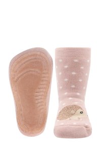 Różowe skarpetki w białe kropki, z wzorem jeża na palcach. Miękka tkanina, wyściełane podeszwy i bezszwowa konstrukcja.