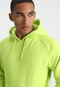 Sudadera de color verde neón brillante con cordones, que presenta una textura suave y mangas raglán. Confeccionada con un material cómodo.