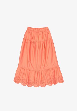 Falda de tela coral con dobladillo fruncido con bordes festoneados y detallados agujeros calados. La cintura elástica ofrece un ajuste cómodo.