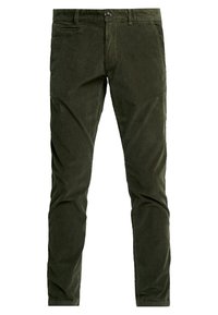 Ciemnozielone spodnie sztruksowe o dopasowanym kroju, z przednimi kieszeniami, zapięciem na guzik i subtelną fakturą.