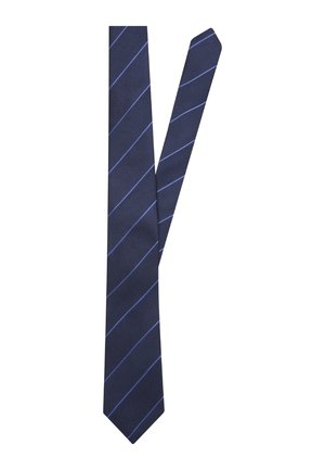 Navy tie with diagonal light blue stripes. Made of textured fabric, featuring a narrow blade and a pointed tip. Simple, classic design.