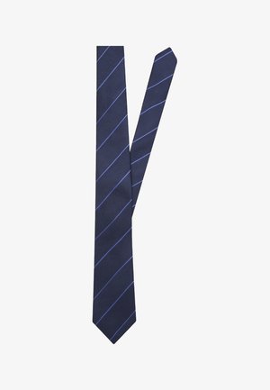 Navy tie with diagonal light blue stripes. Made of textured fabric, featuring a narrow blade and a pointed tip. Simple, classic design.