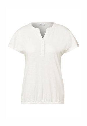 White short-sleeve top with a notch neckline, featuring a button placket and gathered hem. Made of soft, lightweight material.
