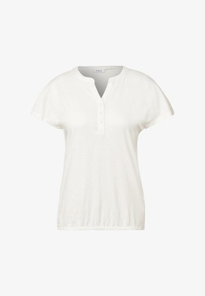 Haut blanc à manches courtes avec un col à décolleté en V, présentant une patte de boutonnage et un ourlet froncé. Fabriqué en matériau doux et léger.