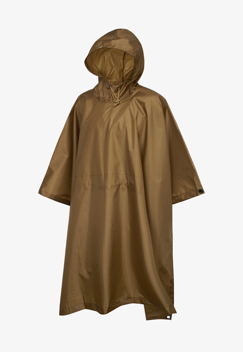 Poncho impermeabilizat maro, cu glugă, având un guler cu șnur, mâneci largi și o textură netedă, ușoară. Include eyelet-uri întărite.