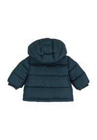 Giacca imbottita verde scuro con cappuccio, caratterizzata da cuciture orizzontali e polsini elasticizzati. Il retro ha una texture liscia e un design semplice.