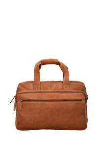 Brun lædertaske med to topbærere, en frontlomme med lynlås og en rektangulær form. Har en subtil, tekstureret overflade.