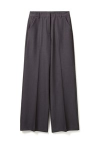 Spodnie z szerokimi nogawkami w ciemnoszarym materiale, o dopasowanym kroju, z kieszeniami z przodu i wyraźnymi plisami, co nadaje im elegancki wygląd.
