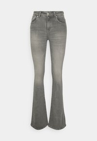 Jeans a zampa d'elefante in denim grigio sbiadito, con cinque tasche, vita alta e dettagli di cucitura minimal, con una finitura liscia e leggermente texturizzata.