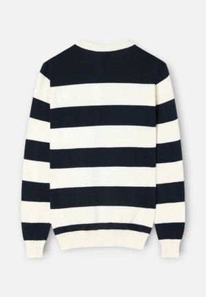 Jersey de manga larga con franjas horizontales anchas en blanco y negro, cuello redondo y puños y dobladillo acanalados, visto desde atrás.