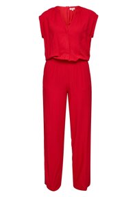 Combinaison rouge sans manches avec col en V, taille élastique et pantalons à jambes larges, avec une fermeture éclair à l'arrière du cou.