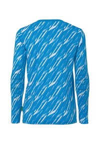 Langærmet skjorte i livlig blå med hvide zigzag mønstre. Har teksturerede albue-patches for ekstra detaljer og holdbarhed.