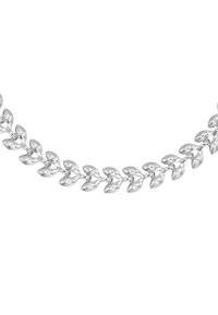 Collana in metallo argento con design a forma di foglia caratterizzata da bordi lisci e arrotondati e una finitura lucida, collegata in un motivo continuo.