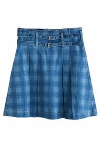 Jeanskjol i blått med rutig mönster, med en figurnära midja, två bältesöglor och två spänneffekter. Längd till mitten av låret med veck.